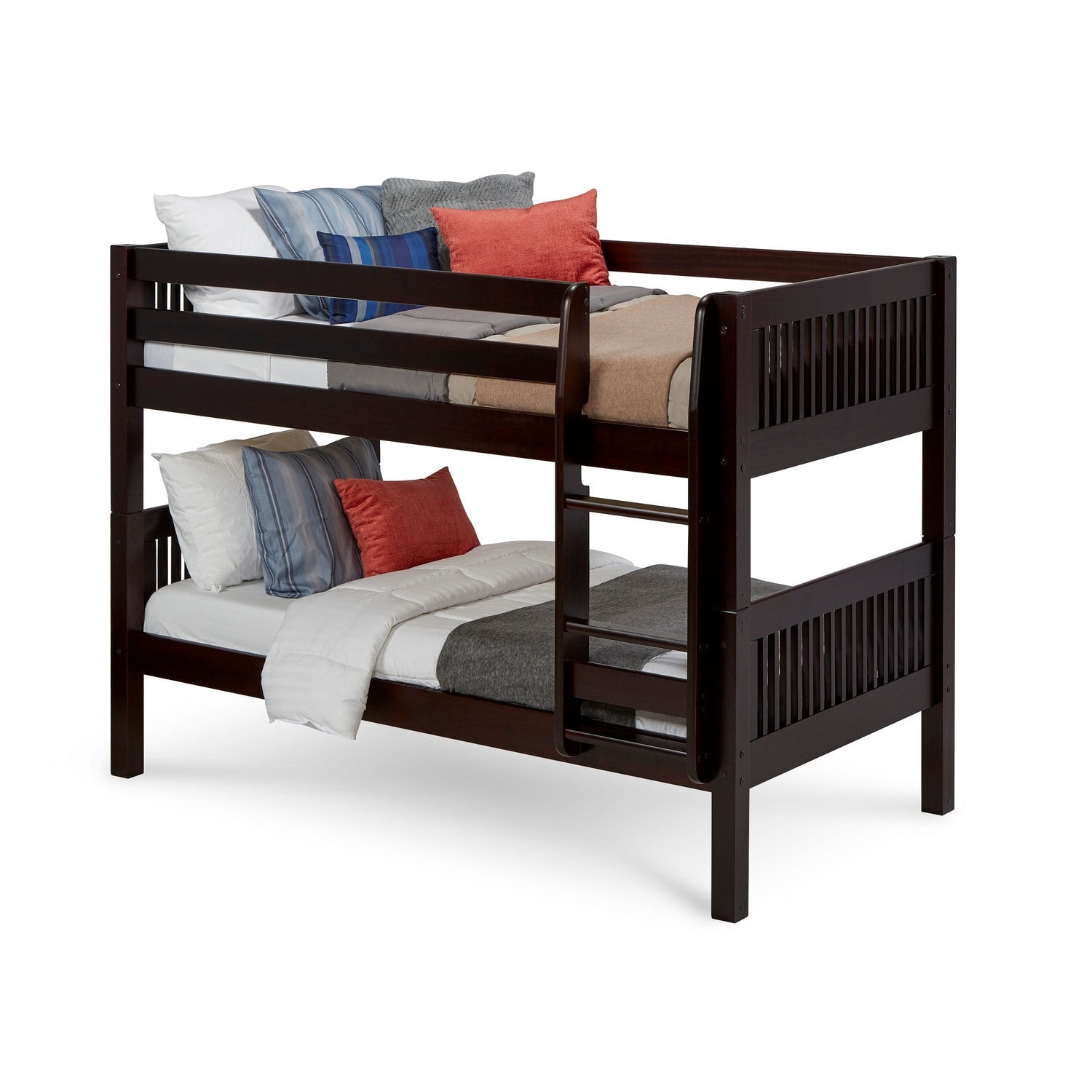 Solid Wood Bunk Beds Twin Full Size, Sturdy Rail Support, Cappuccino Finish, Space Saving Design