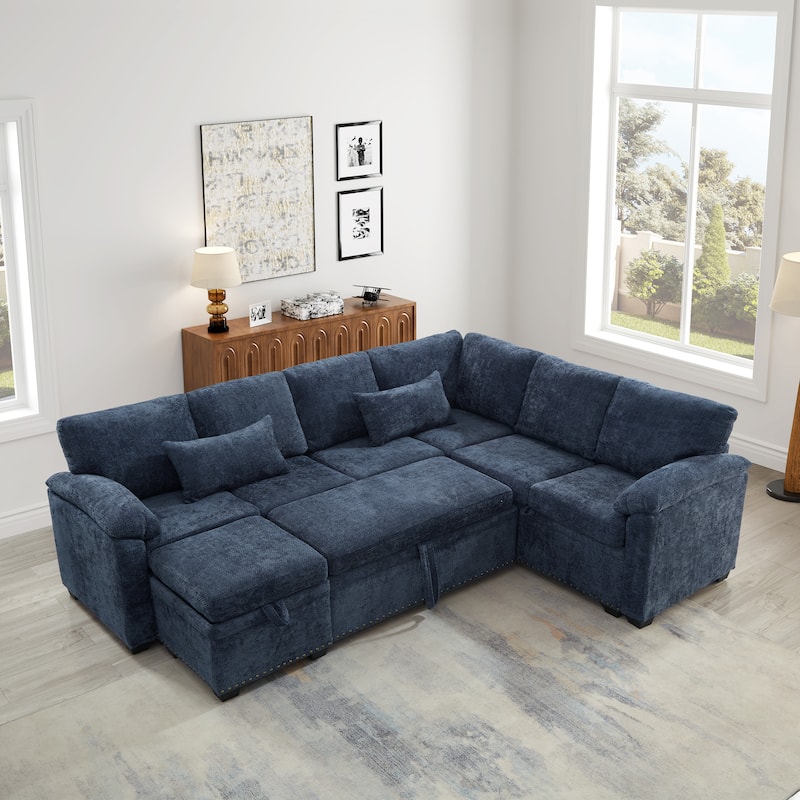 L-Shaped Chenille Sectional Sofa with Pull-Out Bed, Upholstered Convertible 7-Seater Sofa with Storage Ottoman & 2 Pillows - Dark Blue