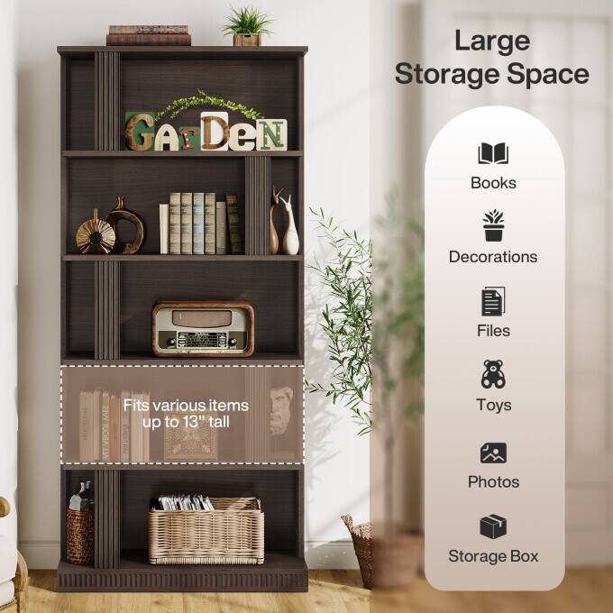 70-Inch Tall Storage Bookshelf, 5-Tier Modern Black Bookcase