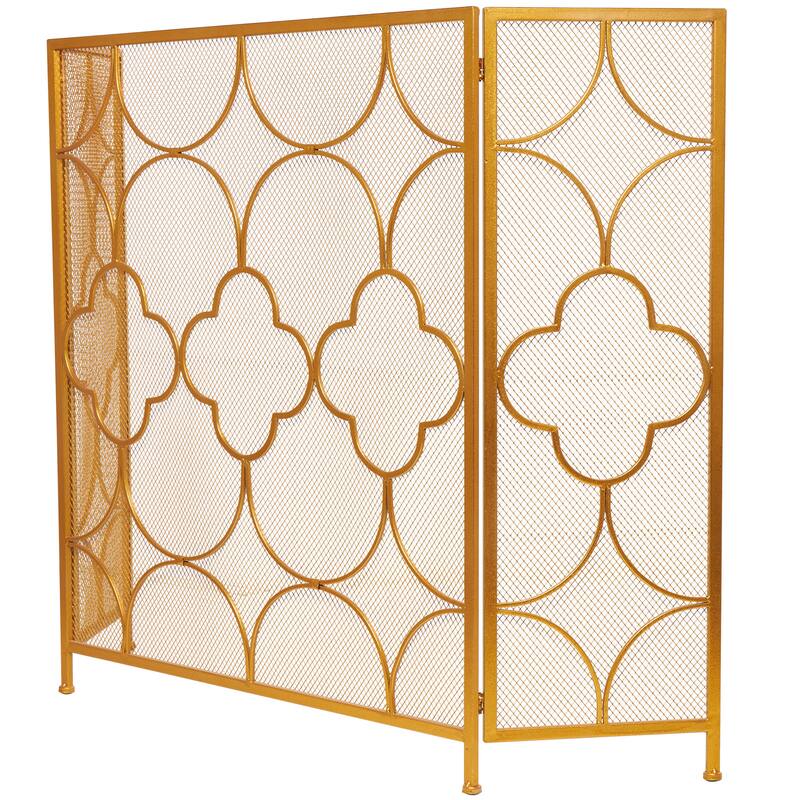 Metal Geometric Foldable Mesh Netting 3 Panel Fireplace Screen with Quatrefoil Design - Gold - Roche River Decor