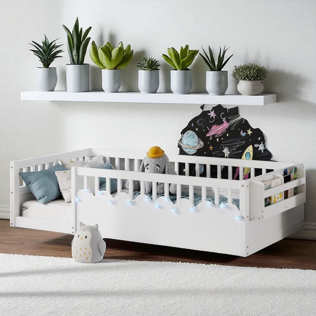 Twin/Full Montessori Wooden Floor Bed with High Rails, LED Light, and Side Storage Shelf for Kids