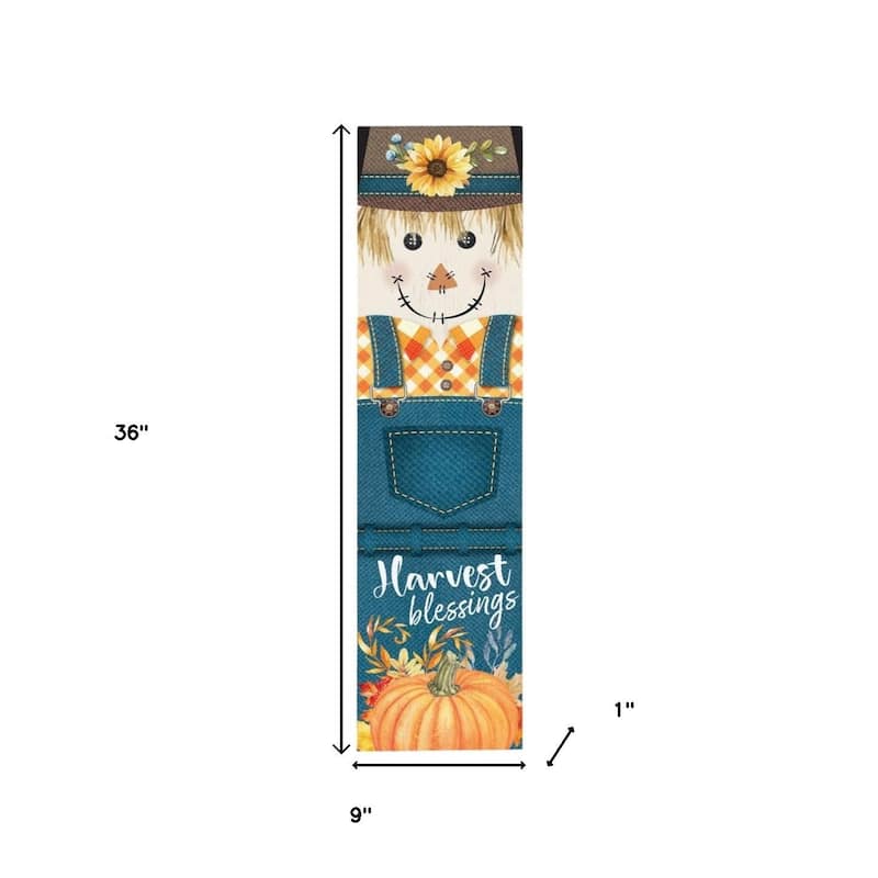 HomeRoots 36" Blue And Orange Solid Wood Happy Harvest Scarecrow Porch Sign