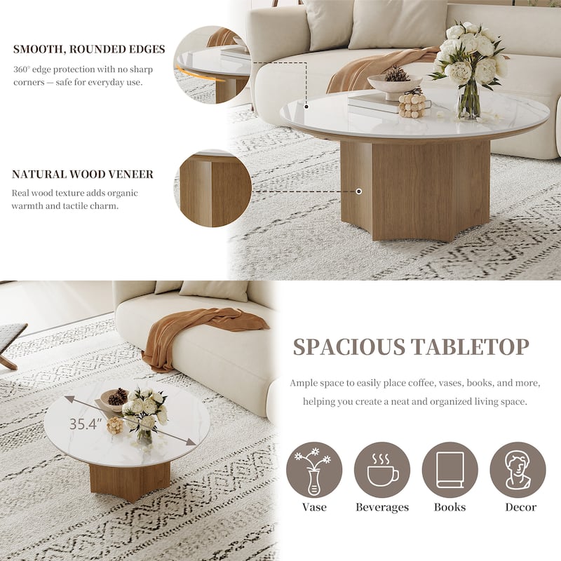 Mid-century Modern Coffee Table,35.43" With White Sintered Stone Table Top, Solid Wood Legs