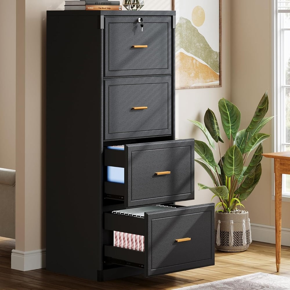4-Drawer File Cabinet with Lock and Key, Vertical Wooden Filling Cabinet for A4/Letter/Legal Size Files