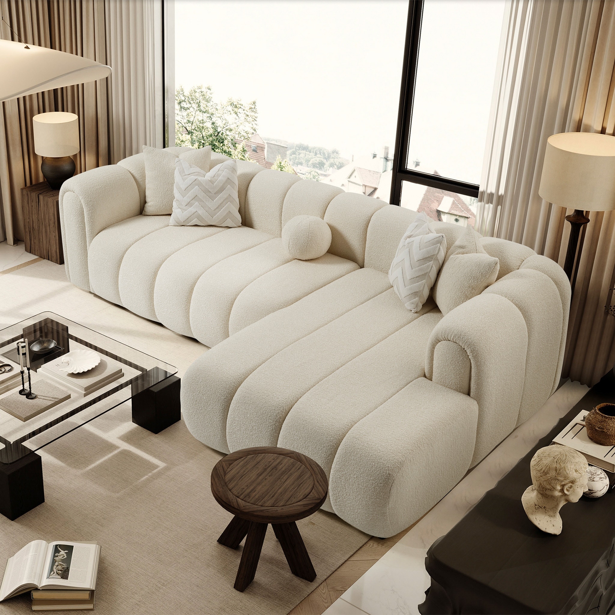 Sacramento Luxurious Modern Tufted Boucle Sectional Sofa with Chaise and Pillows