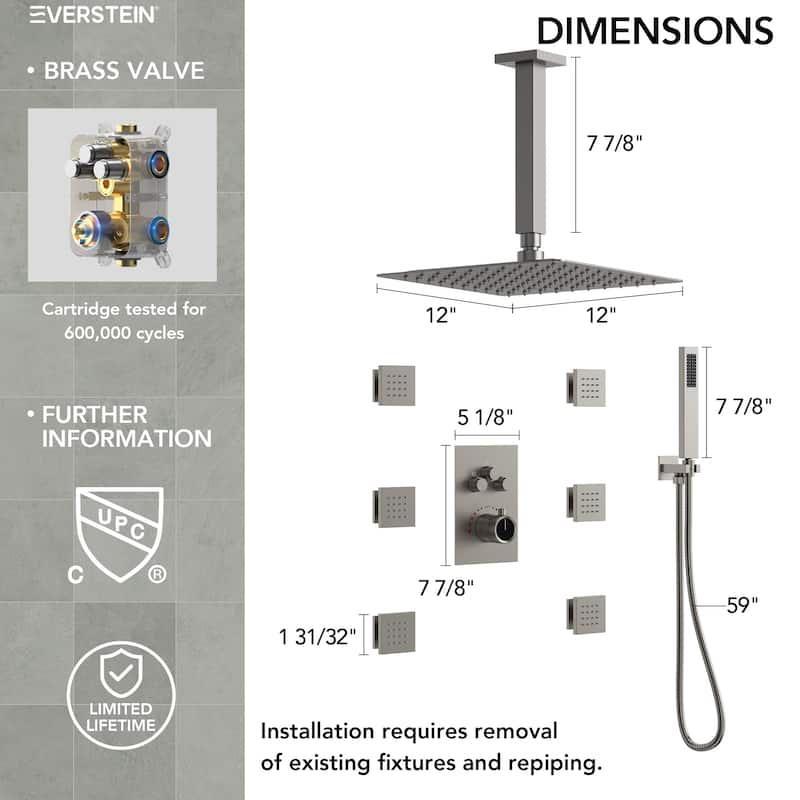 Shower System 12" Ceiling Rain Shower Head with 3-Way Thermostatic Faucet & Body Jets