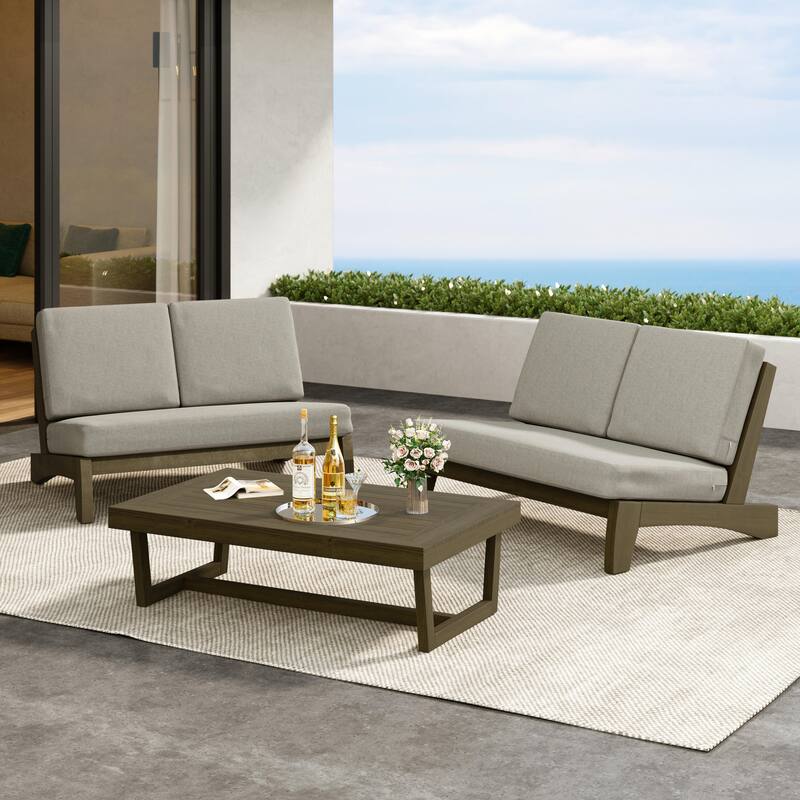 Outdoor 3-Piece Armless Lovesaet Sofa Conversation Set with Table - Separate Cushion - Light Camel/Brown