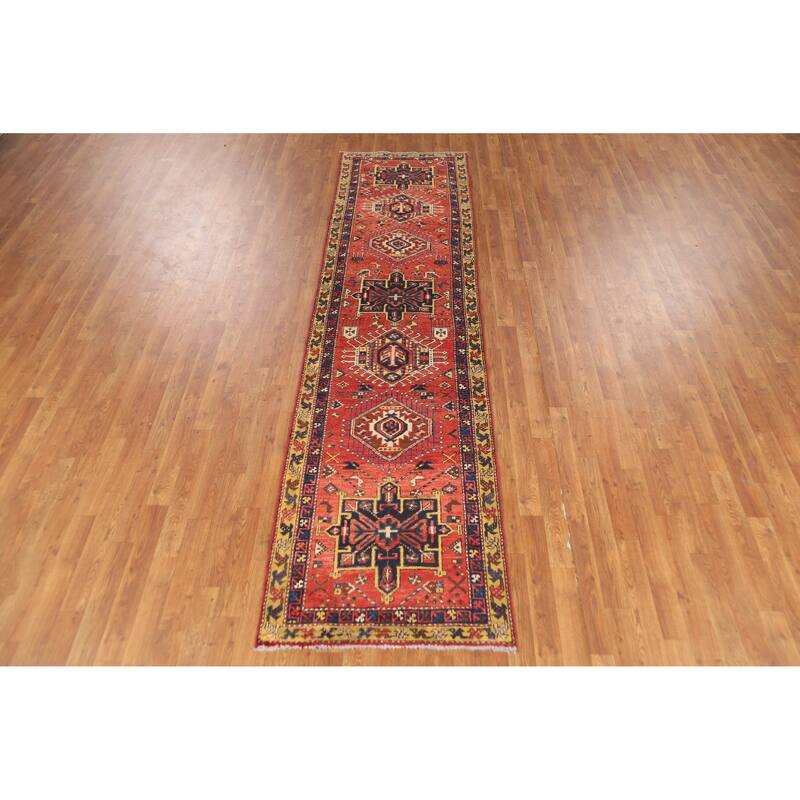 Hand Knotted Oriental 100% Wool Carpet Traditional Geometric Oranges & Rust Heriz Runner Rug - 10' 4'' X 2' 7''