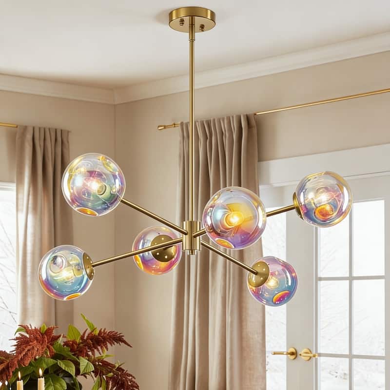 6-Light Modern Brass Iridescent Rainbow Glass Sputnik Chandelier for Dining Roomm - 6 Light