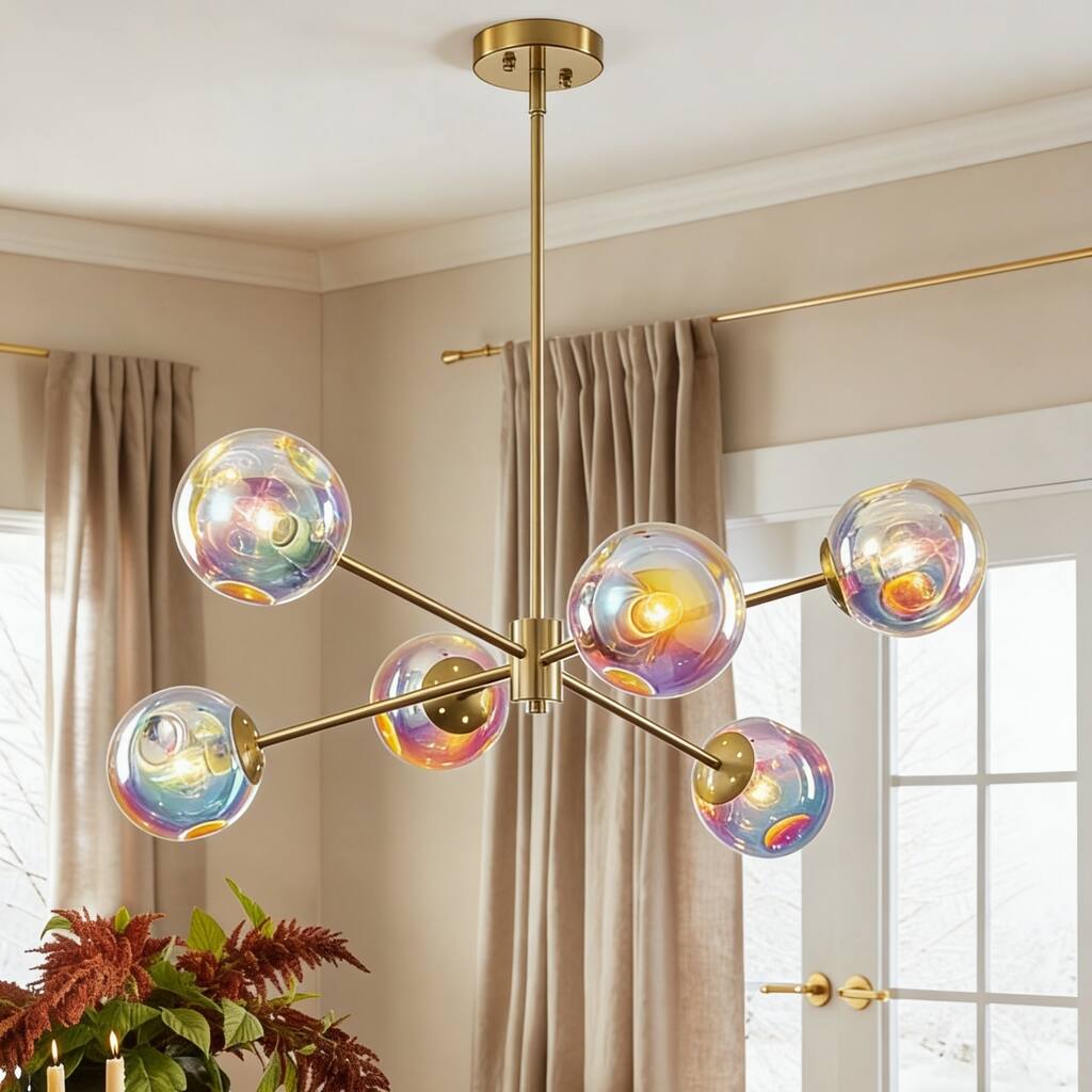 6-Light Modern Brass Iridescent Rainbow Glass Sputnik Chandelier for Dining Roomm - 6 Light