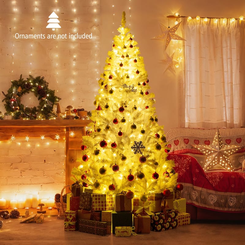 Pre-Lit White Christmas Tree with LED Lights and 11 Lighting Modes PVC Metal Holiday Tree with Stand