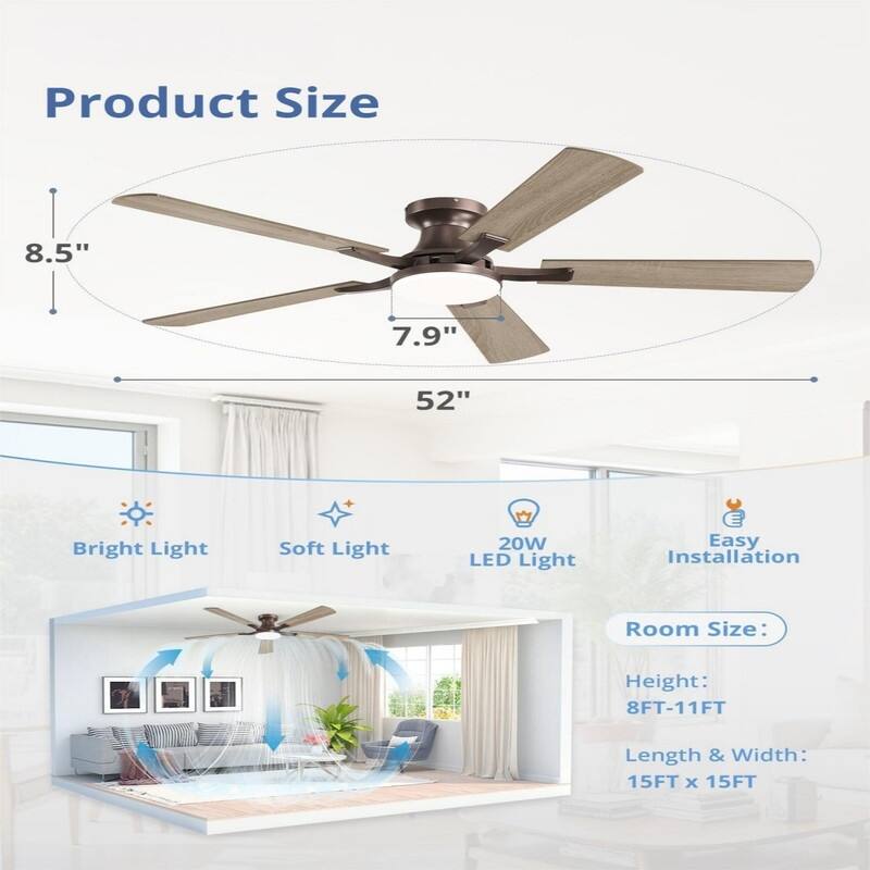20W Dimmable LED Ceiling Fan with Light, App & Remote Control, Flush Mount Low Profile, Quiet Reversible Motor for Bedroom