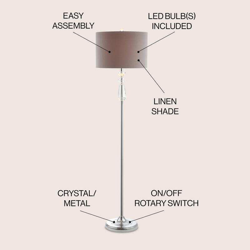 Aubrey 59.5" Crystal / Metal LED Floor Lamp, Clear/Chrome With Gray Shade by JONATHAN Y - 59.5" H x 15" W x 15" D