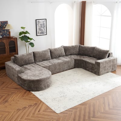 Chenille U-shaped Sofa, Cloud Sectional Sofa Set Upholstered Deep Seat Couches with 6 Pillow Recliner Sofa for Living Room