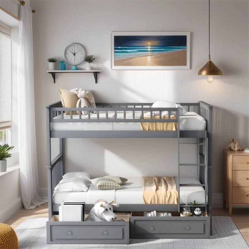 Twin Over Twin Wood Bunk Bed with Drawers and Guardrail