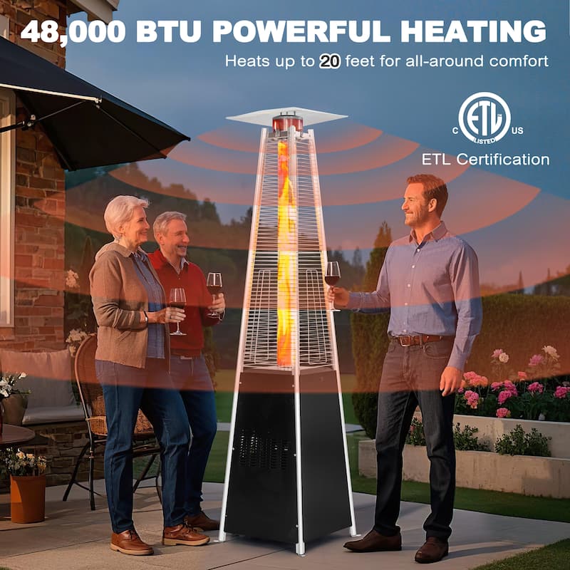 Outdoor 48,000 BTU Pyramid Propane Gas Patio Heater with Wheels, Glass Tube, Black