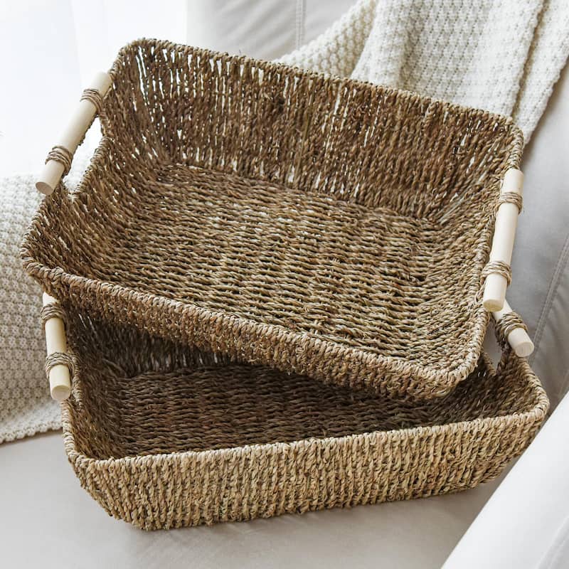 2-Pack Hand-Woven Storage Baskets with Wooden Handles, Wicker Basket for Organizing, Gift Choice