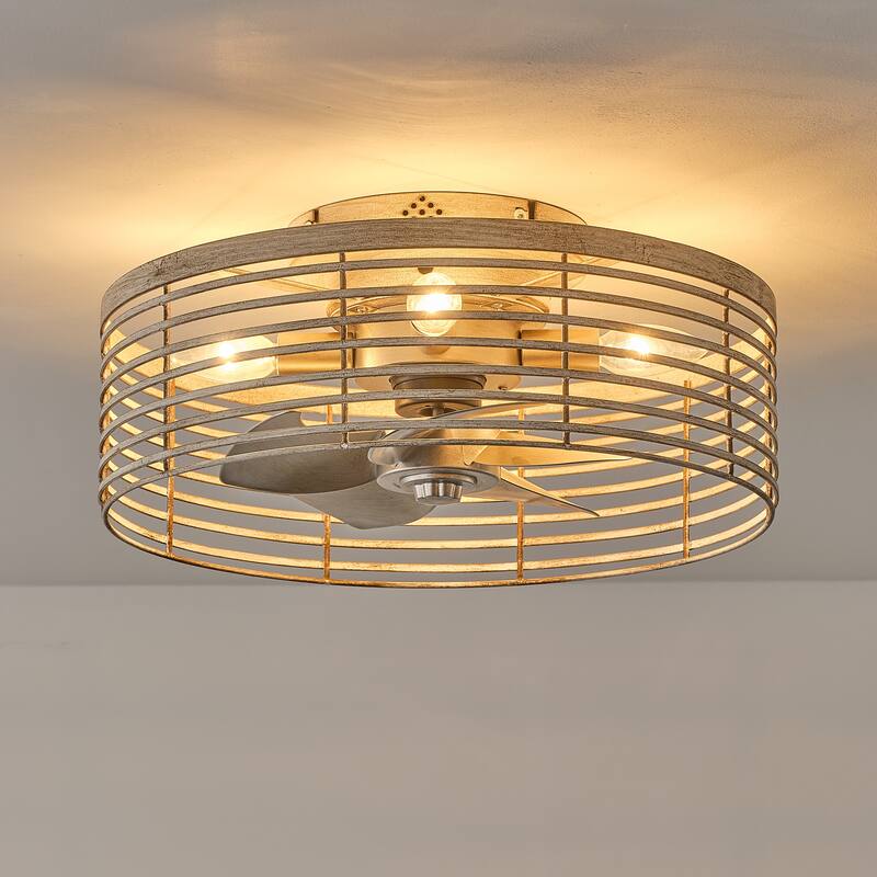 18" Antique White Caged 4-Light Low-Profile Flush Mount Ceiling Fan with Remote