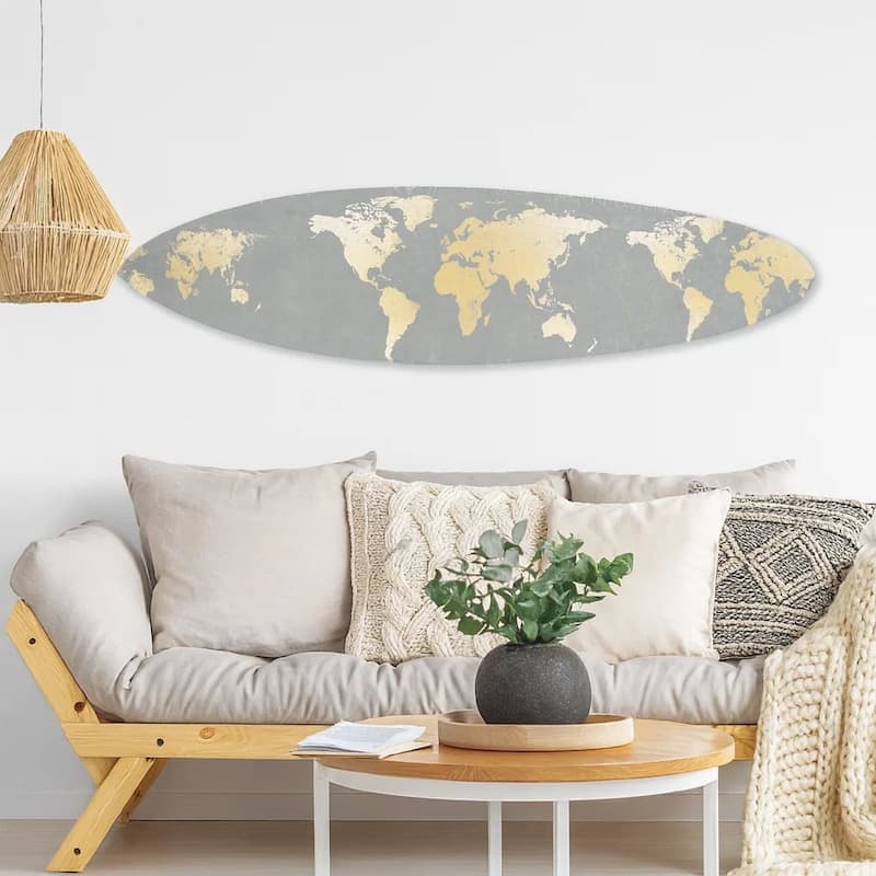 Wooden Surfboard Wall Art with World Map Print, Gray and White