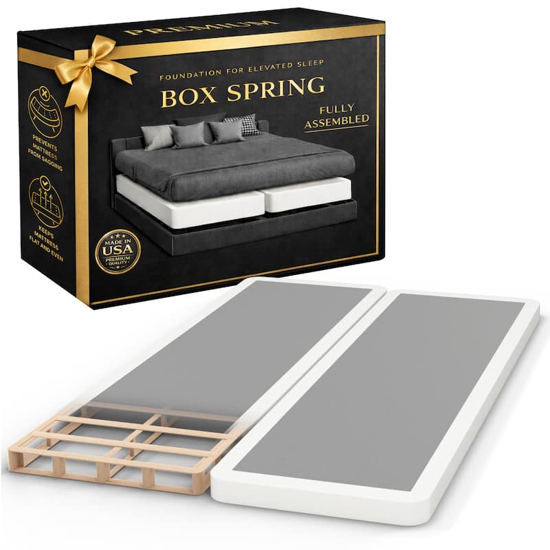 Box Spring Bed Base, 2" Wood Foundation, Quiet Noise Free, 2-Pieces Under Mattress-Support Box Spring, Fully Assembled, White