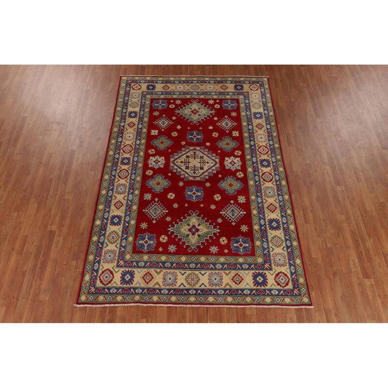 Geometric Red Kazak Oriental Area Rug Living Room Handmade Wool Carpet - 6'7" x 9'10"