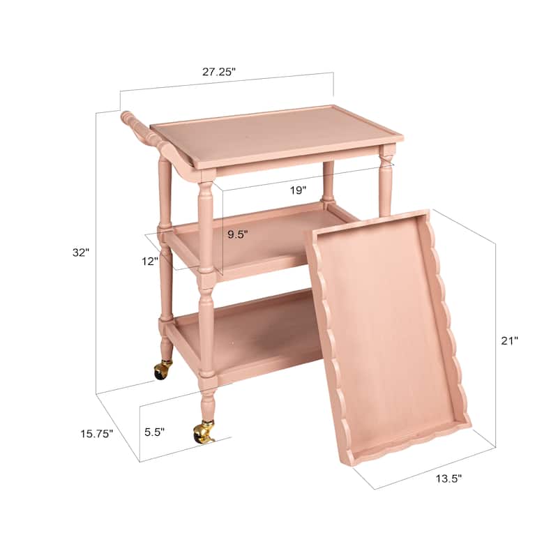3-Tier Bar Cart on Casters with Removable Scalloped Tray, Pink - 27.3"L x 15.8"W x 31.9"H