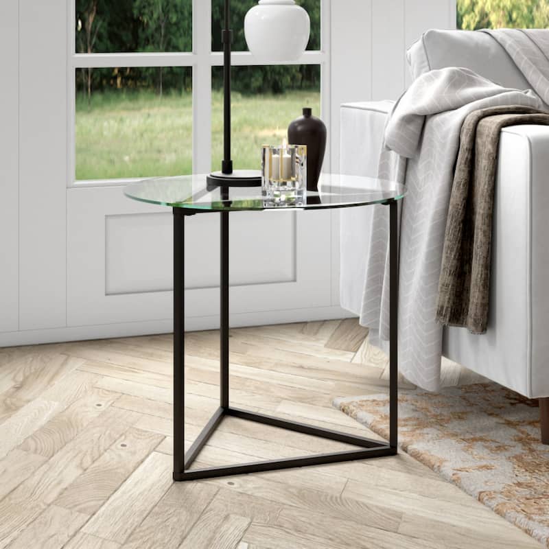 Steel Frame Round Glass Top End Table with Sled Base - 24” x 24” x 22” (D x W x H)