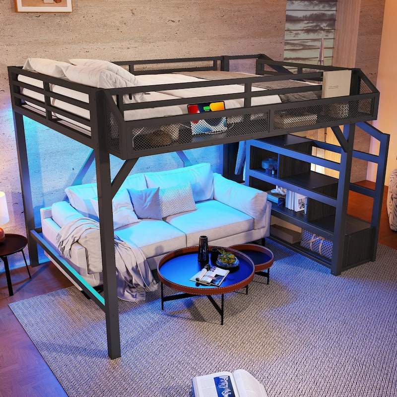 Full Loft Bed with Storage Stairs, Shelves and Built-in Wardrobe, Metal Loft Bed Frame with USB Ports and LED Lights