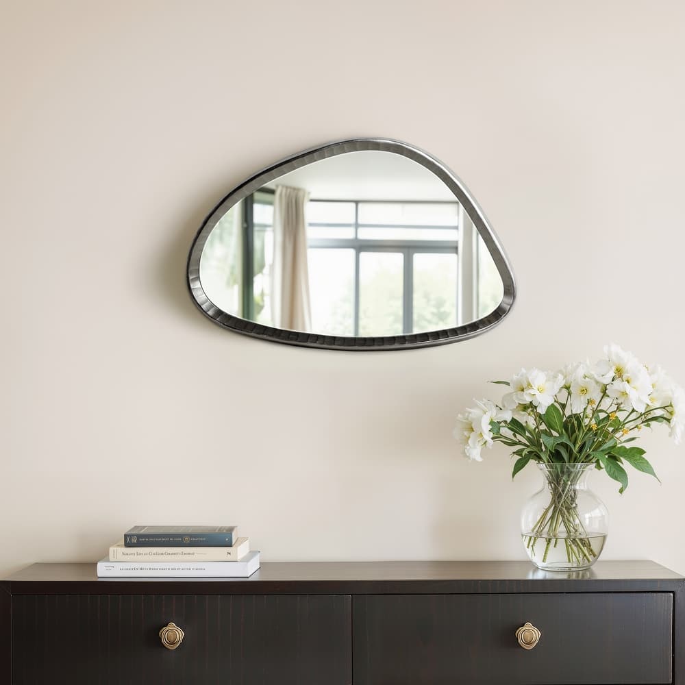 Metal Asymmetrical Mirror with Glass Wood Sculptural Modern Design