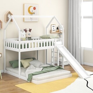 Twin over Full House Bunk Bed with Full-Length Guardrail and Slide and Built-in Ladder.