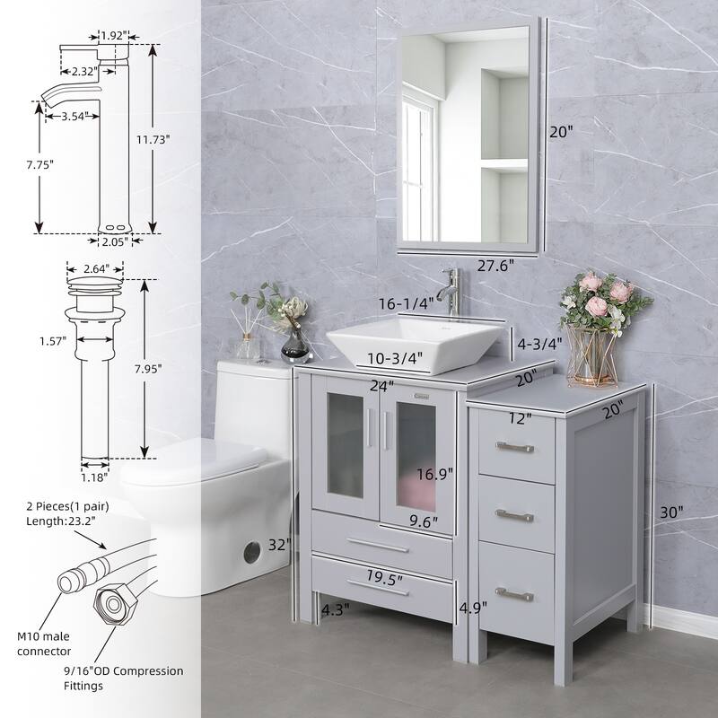 36" Bathroom Vanity Sink Gray Set with Side Cabinet Vessel Sink Mirror Faucet Combo
