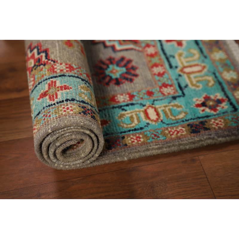 Geometric Kazak Foyer Rug Handmade Traditional Grey Wool Carpet - 2'0" x 3'0"
