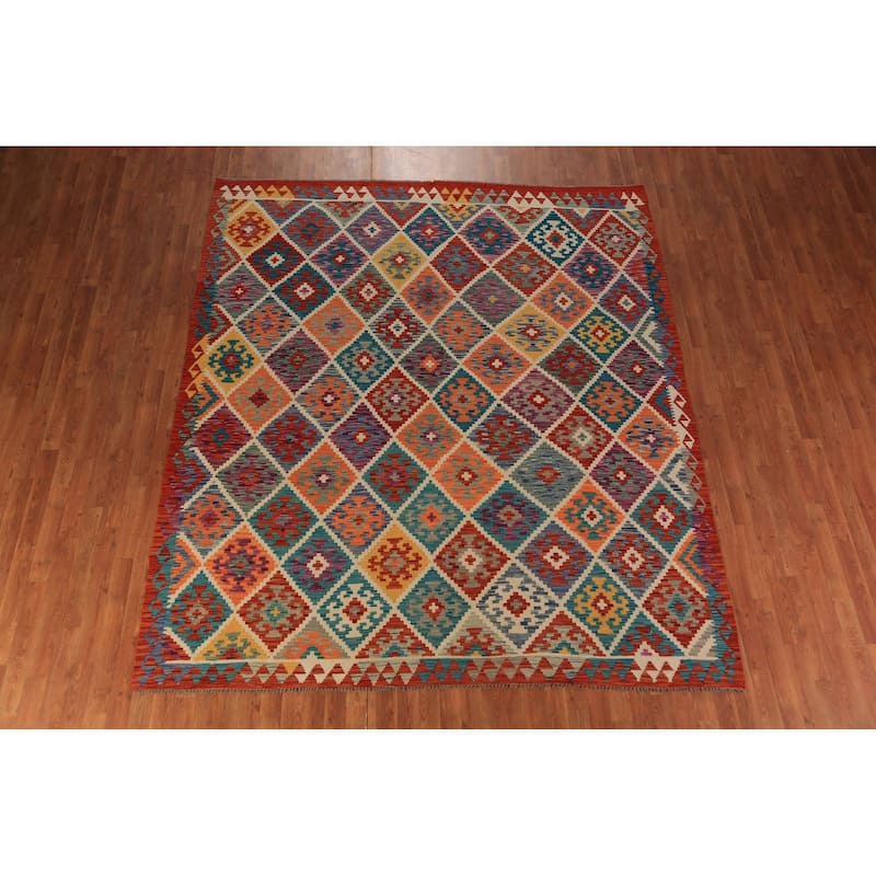 Trellis Kilim Oriental Area Rug Flatweave Reversible Wool Carpet - 8'2"x 9'7"