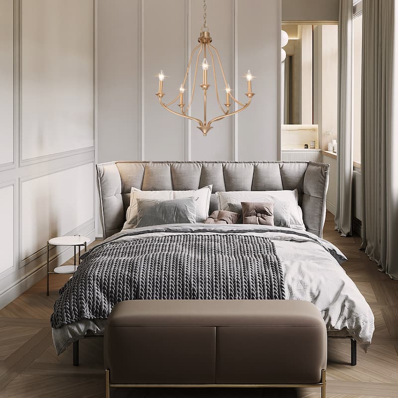 Modern Glam Gold 5-light Empire Wheel Chandelier Candle Ceiling Lighting for Foyer, Stairs - D24" x H89"