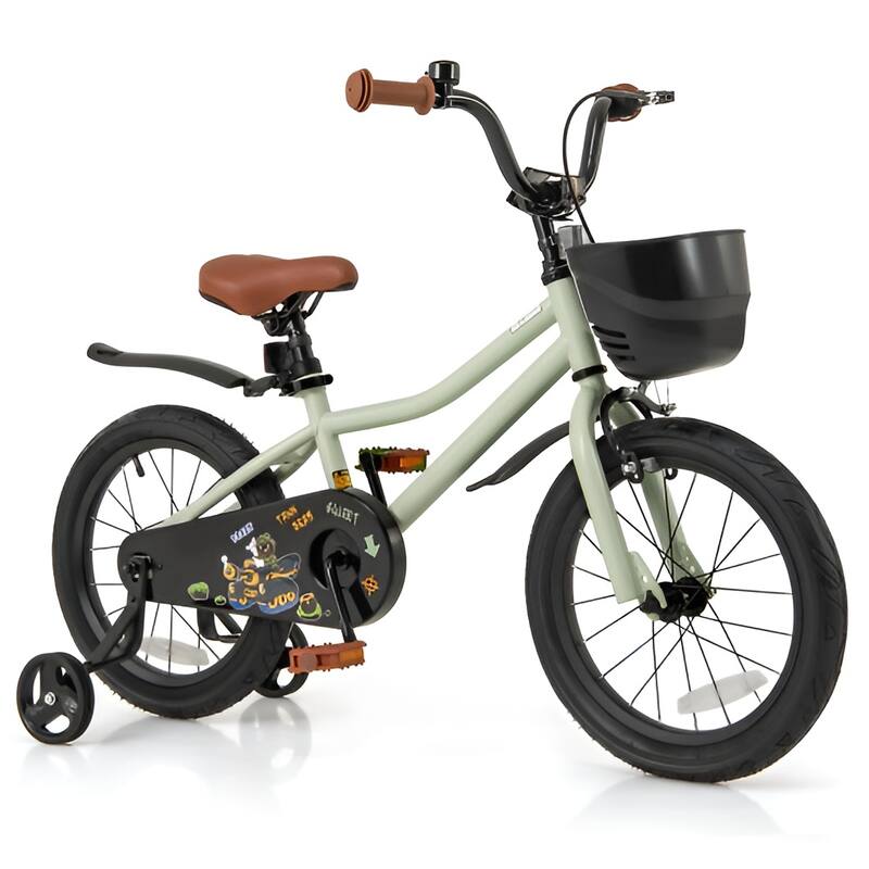 Kids Bike with Basket Training Wheels and Adjustable Handlebar - 16-Inches - Green