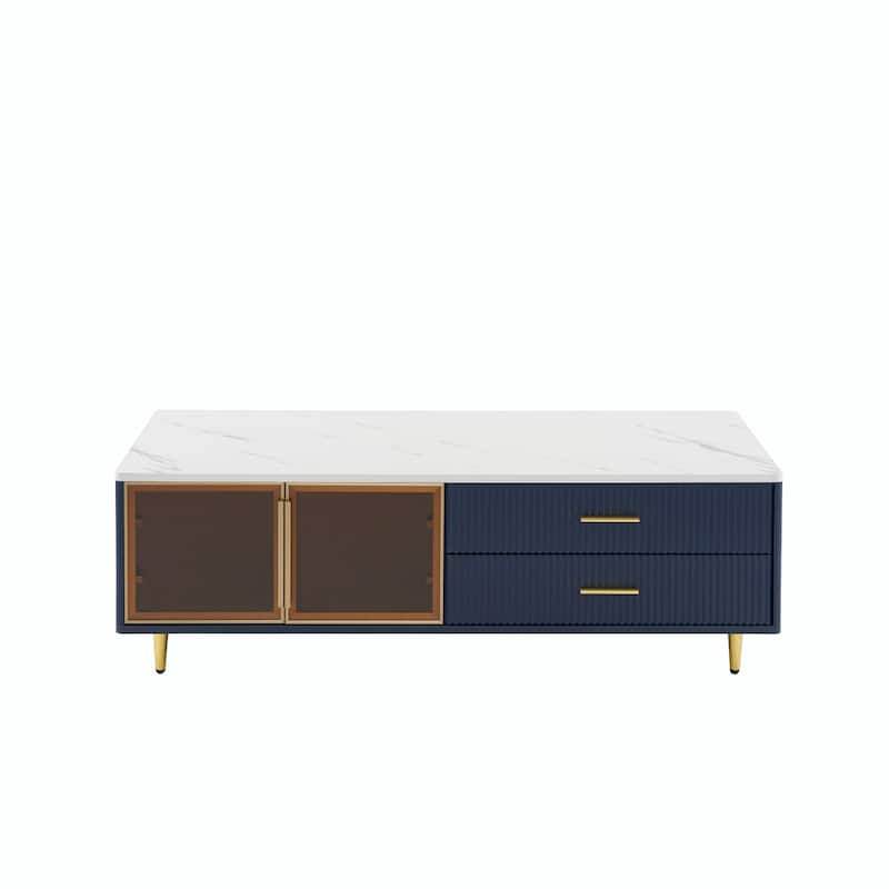 47.2'' Modern White Coffee Table with Glass Door Storage, 4 Drawers and Multi-Color Lighting