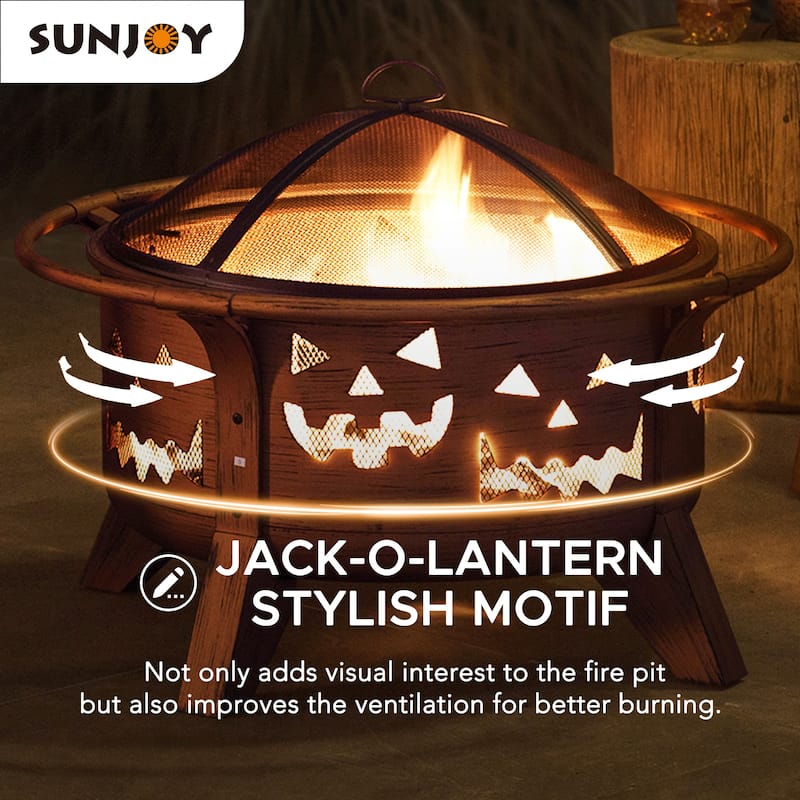Sunjoy 30 in. Outdoor Wood-Burning Fire Pit, Patio Woven Round Steel Firepit Outside with Spark Screen and Poker - N/A