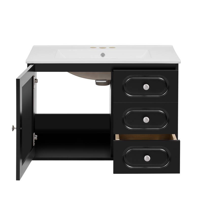 Floating Storage Cabinet with Rattan Accents Bathroom Vanity with Ceramic Sink, 2 Full-Extension Drawers and Soft-Close Hinges