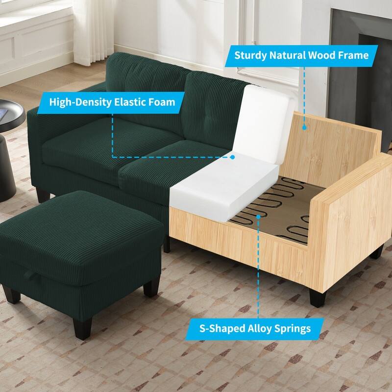 Mixoy 76'' L-Shaped Small Sofa Couch,3-Seater Corduroy Sectional Sofa with Storage Ottoman