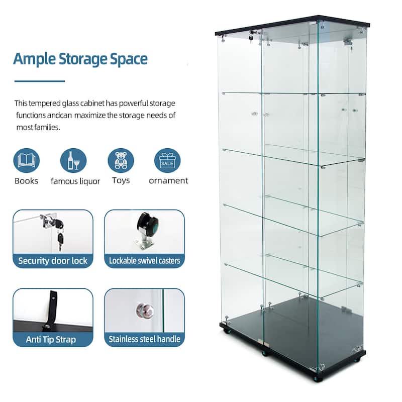 76" Tall Tempered Glass Display Cabinet with Mirror Back, Bluetooth LED Light Strip, Lockable Doors and Casters