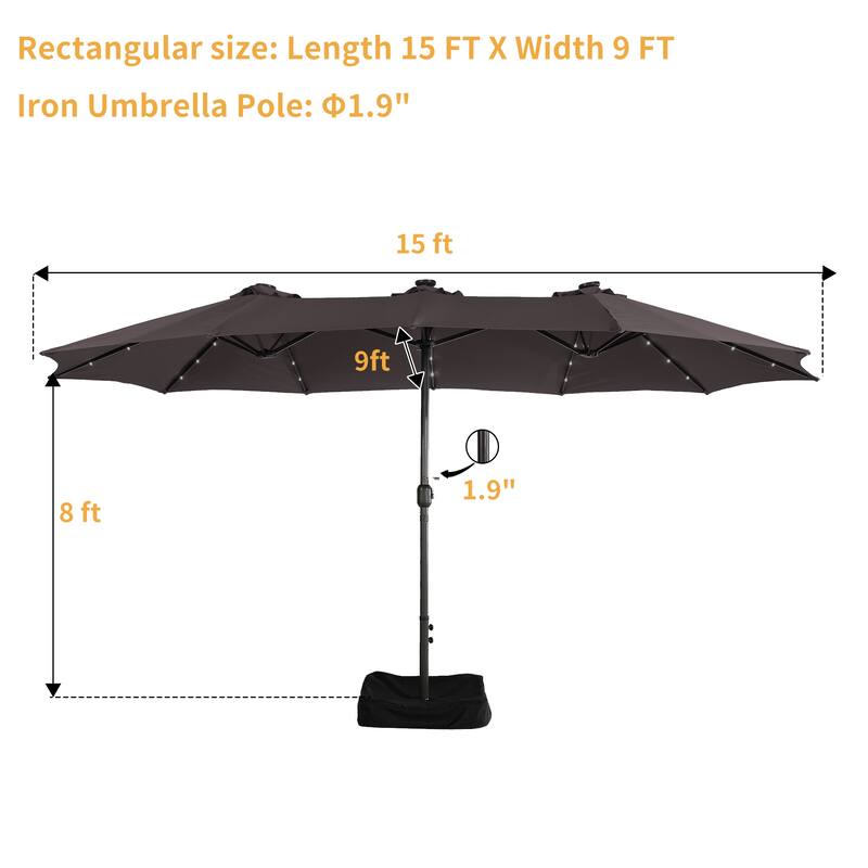 Clihome 15FT Double-Sided Solar Light Market Crank Umbrella with Base