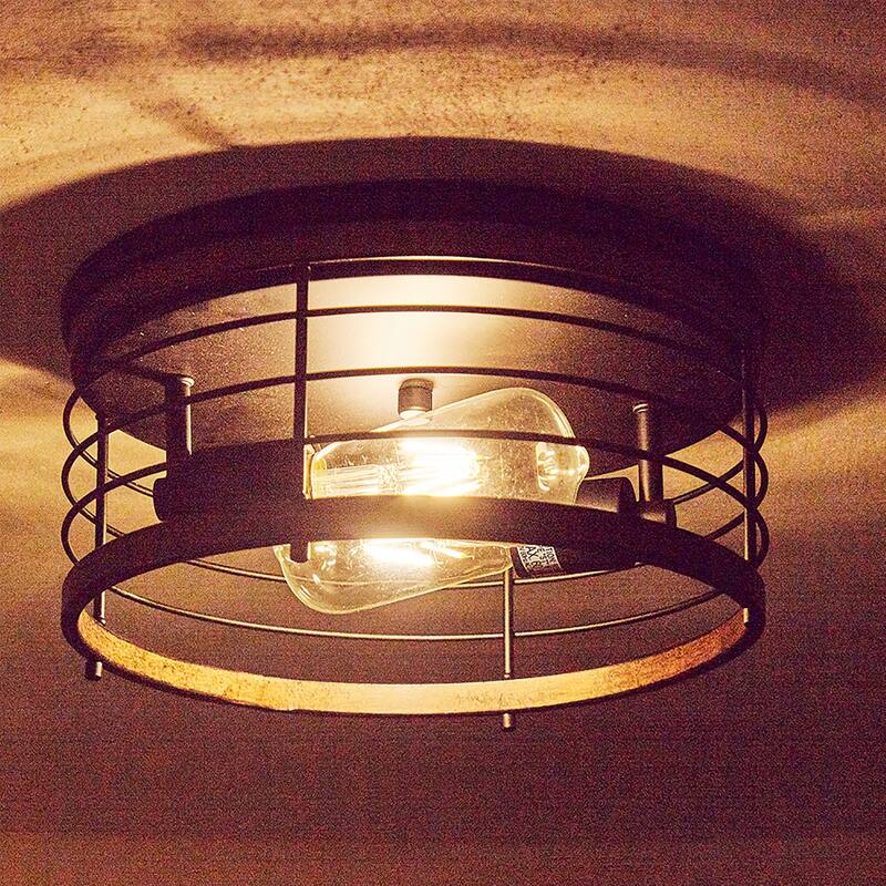 13" Round Iron Flush Mount Ceiling Light - φ13"x5.85" - φ13"x5.85" - Black