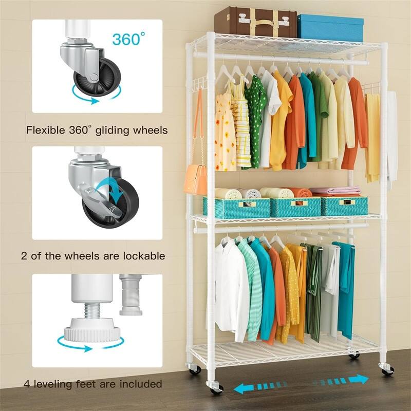 3 Tiers Heavy-Duty Rolling Garment Rack - 15.7"D x 35.4"W x 78.7"H