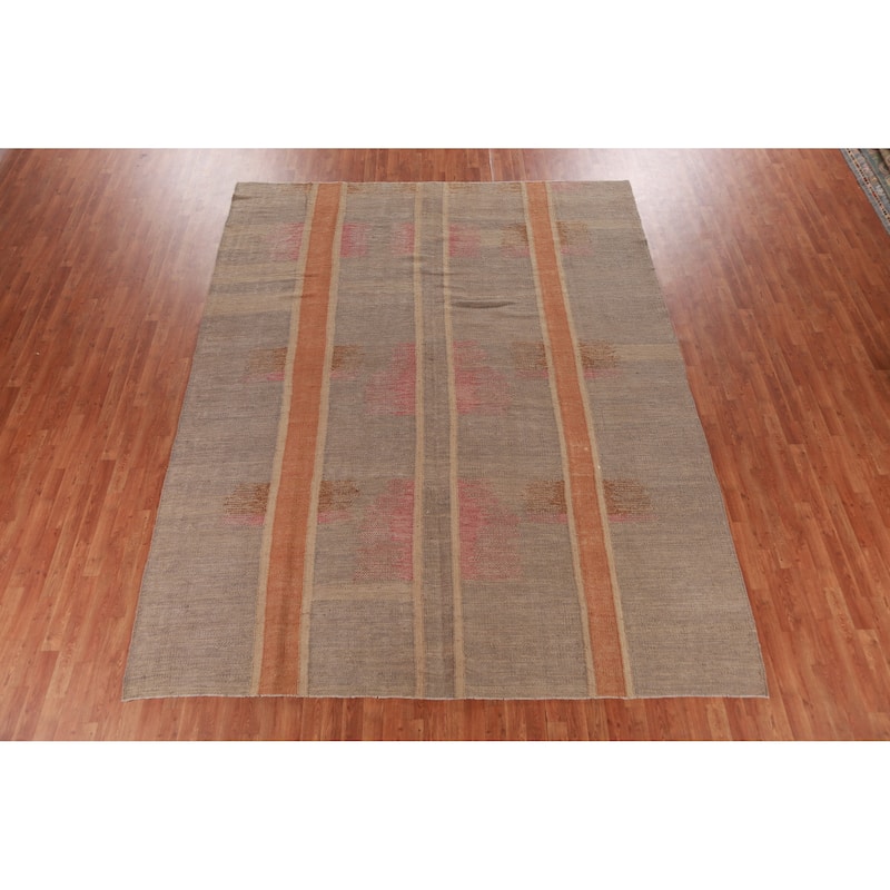 Hand Woven Oriental 100% Jute Carpet Modern Stripe Brown Kilim Area Rug - 11' 7'' X 9' 2''