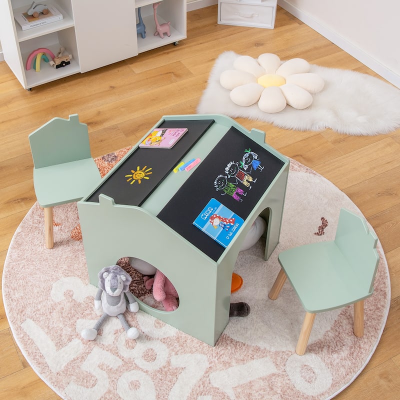 Costway 3 Piece Kids Wooden Table and Chair Set with Blackboard for
