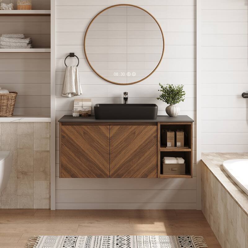 36'' Single Bathroom Vanity with Stone Top, Brown Wood, Black Vessel, Floading Vanities