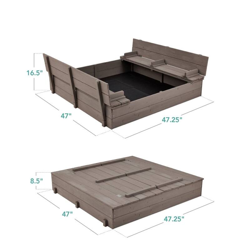 Grey Cedar Kids Sandbox with Foldable Cover and Built-In Benches for Backyard Playtime - 47.25"(L) x 49"(W) x 8.5"(H)