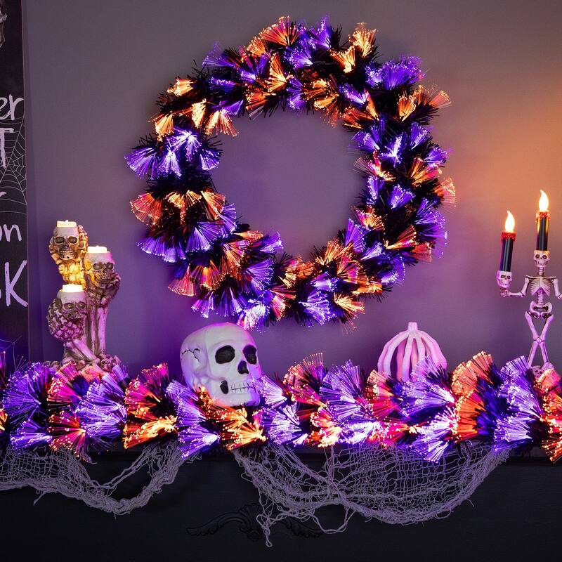 Multi-Function Fiber Optic Artificial Halloween Wreath - 24" - Black - Orange and Purple LED