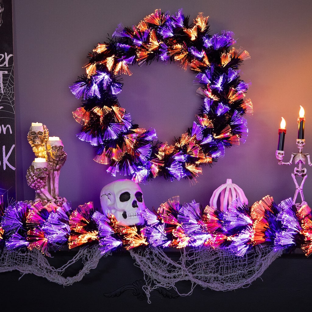 Multi-Function Fiber Optic Artificial Halloween Wreath - 24" - Black - Orange and Purple LED