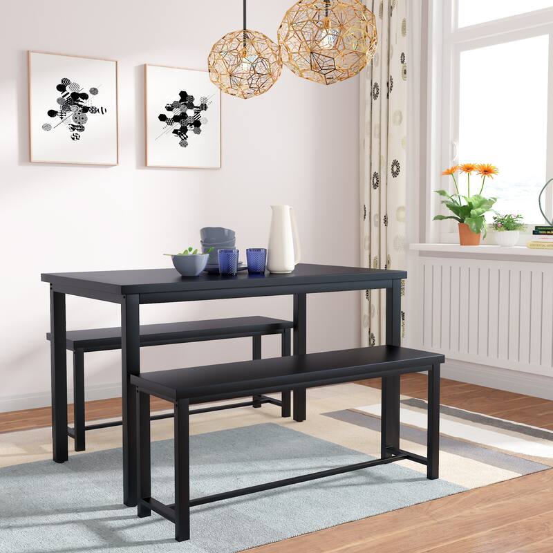 Dining Table Set with Two Benches, Kitchen Table Set for 4 Persons